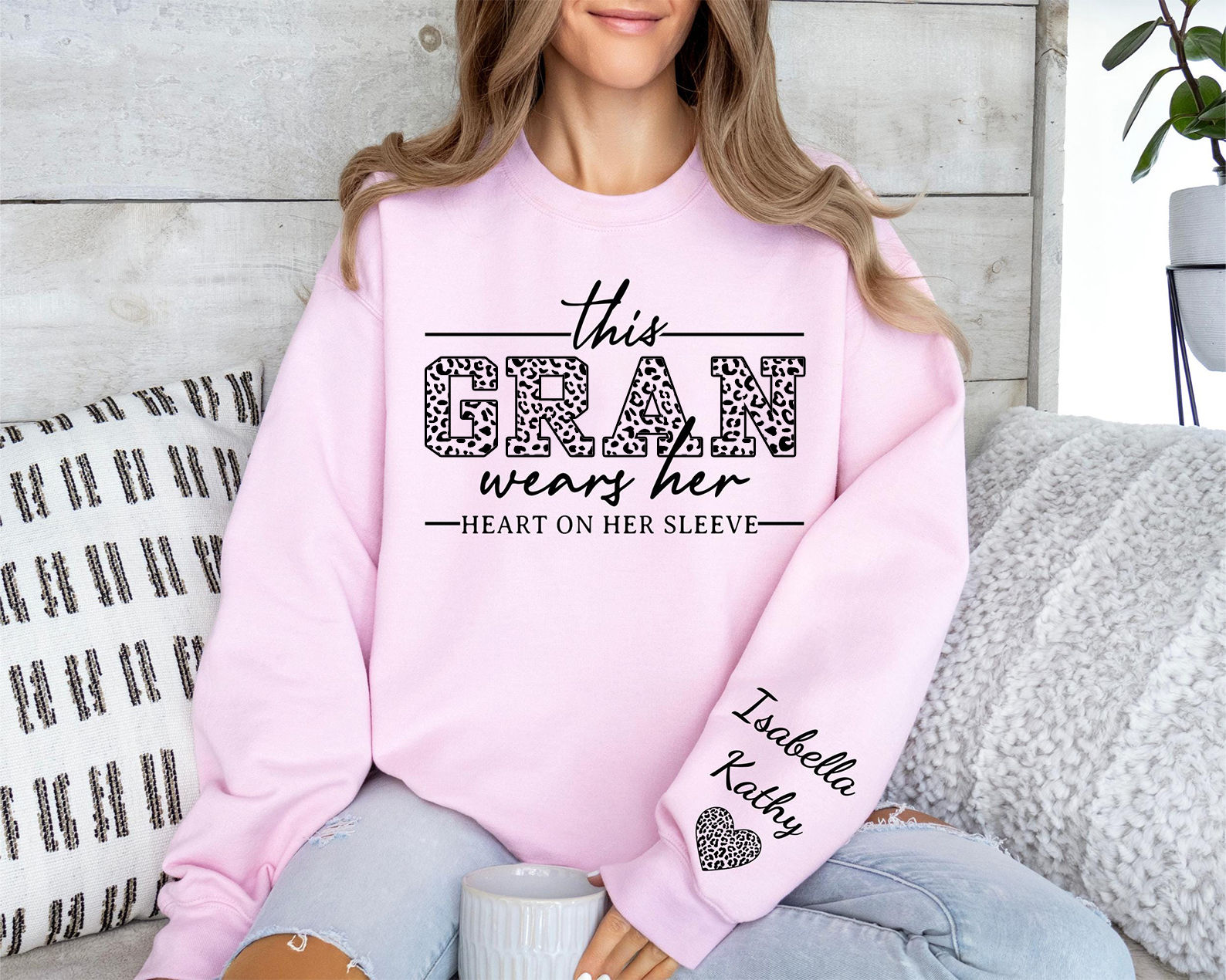 This Gran Wears Her Heart On Her Sleeve-Custom Sweatshirt With Kids Name